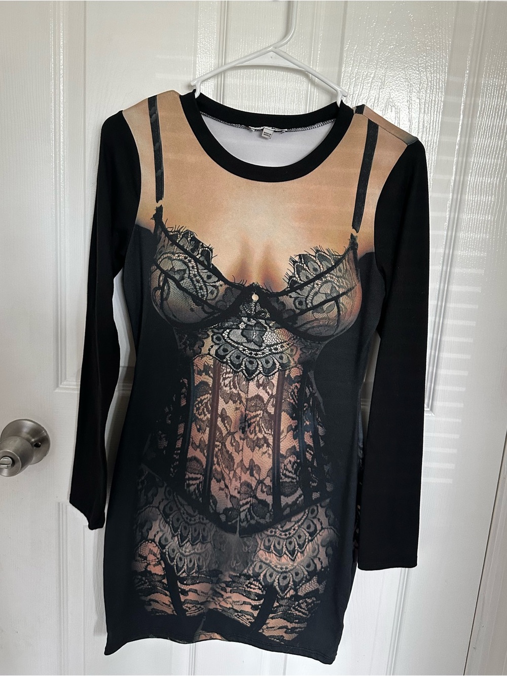 Black Illusion Lace Corset Print Long Sleeve Dress